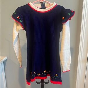 Vintage Navy and Cream Kids Dress with Floral Accents